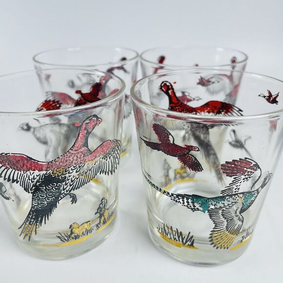 4 VTG Hazel Atlas Pheasant Hunter Low Ball Double Shot Barware Whiskey Glasses - Picture 1 of 10